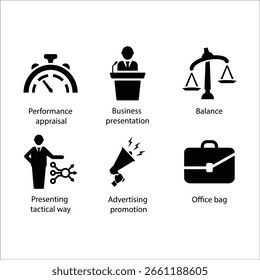 Performance appraisal, presentation, Balance, tactical way, Advertising promotion, Office bag, icon