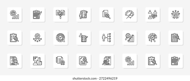 Sistema de Desempenho e Avaliação Conjunto coeso de ícones de vetor minimalistas representando ideias-chave com clareza visual