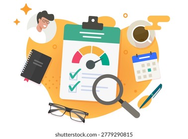Performance assessment score report research icon vector modern graphic, employee people skill development data analysis document, credit financial rating progress work desk top view, business kpi
