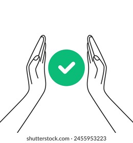performance of assigned task icon with hands. simple linear graphic design element for popular internet website. right and best choice or good and easy result in research or examination
