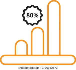 Icono de gráfico de barras de rendimiento con métrica del 80 por ciento que indica crecimiento y logro aislado sobre fondo blanco, ilustración
