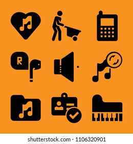 performance, barcode, company, mock-up, people and earphone icon vector set. Flat vector design with filled icons. Designed for web and software interfaces
