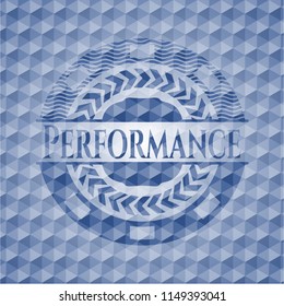 Performance blue badge with geometric pattern background.