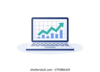 Performance chart on computer screen. Business analytic finance graph report. Data analysis concept. Vector illustration in flat style.