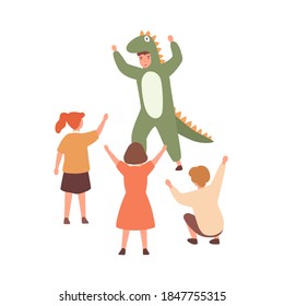 Performance for children with actor wearing cute dinosaur costume. Group of kids playing with animator. Flat vector cartoon illustration isolated on white background