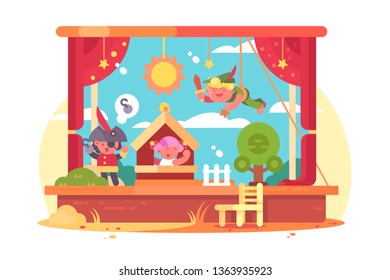 Performance Children On Scene Vector Illustration. Boys And Girl Playing In Piece About Pirate Flat Style Concept. Art Kids Entertaiment Concept. Theatre Stage Interior