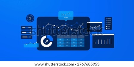 Performance dashboard with analytics charts and KPI metrics for business tracking. Performance dashboard with data visualization and reporting tools for digital analytics vector illustration