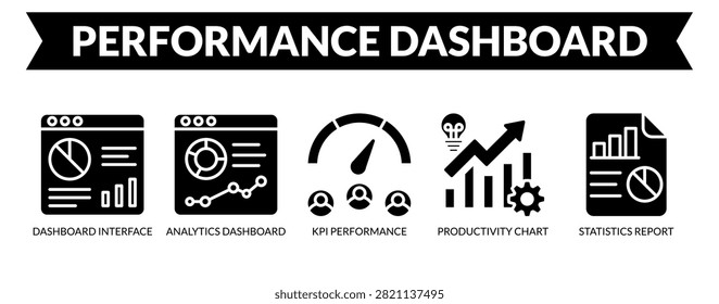 Performance Dashboard web banner icon vector illustration concept with icons of dashboard interface, analytics dashboard, KPI performance, productivity chart, and statistics report.