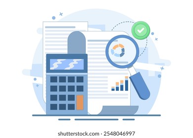 Performance data analysis concept, investment report, marketing study, audition service, Statistical and analytical concept, business performance report, marketing research service. flat vector.