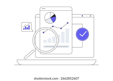 Conceitos de análise de dados de desempenho, relatórios de investimento, estudos de marketing, serviços de audição. Relatório de desempenho comercial. Ilustração plana do vetor do desenho animado, ícone Página inicial do design abstrato elegante