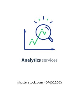 Performance data analytics, investment report, marketing study, audition services, vector icon