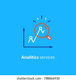 Performance data analytics, investment report, marketing study, audition services, vector icon