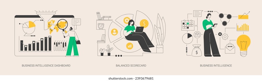 Performance data visualization abstract concept vector illustration set. Business intelligence dashboard, balanced scorecard, business intelligence, KPI metrics, strategic goals abstract metaphor.