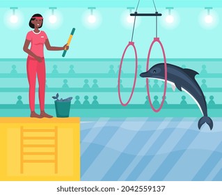 Performance in dolphinarium concept. Smart dolphin jumps through ring at command of person. Employee encourages animal for performed trick. Cartoon flat vector illustration with colorful background