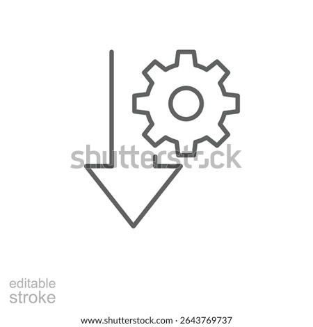 Performance drop icon outline style. A gear next to a large downward arrow representing system failure or decline in productivity. Thin line symbol vector illustration. Editable stroke