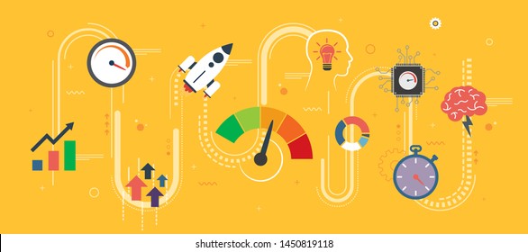 Performance and efficiency, growth in business and speed for success in startup or new business. Increase in finance. Internet banner concept in flat design vector illustration in yellow background.