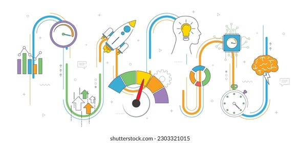 Performance and efficiency, growth in business and speed for success in startup or new business. Increase in finance. Internet banner concept in flat design thin line.