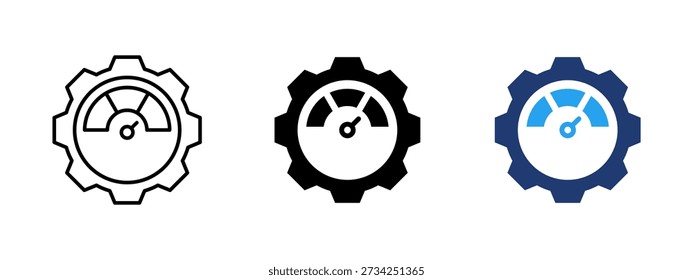 Performance and efficiency icon with speed gauge inside gear. Symbol of optimization, productivity, KPI metrics, analytics and business process control. For dashboards and performance monitoring.