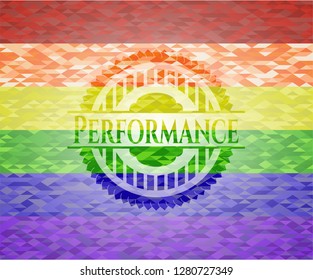 Performance emblem on mosaic background with the colors of the LGBT flag