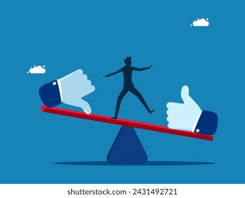 Performance evaluation. Businessman balancing on seesaw with thumb up and thumb down