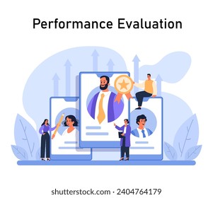 Leistungsbewertungskonzept. Professionelle Profis, die herausragende Auszeichnungen feiern und Wachstum und Errungenschaften hervorheben. Erkennung im digitalen Arbeitsbereich. Flache Vektorgrafik.
