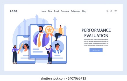 Performance Evaluation concept. Professionals celebrating top-performer accolades, highlighting growth and achievements. Recognition in digital workspace. Flat vector illustration.