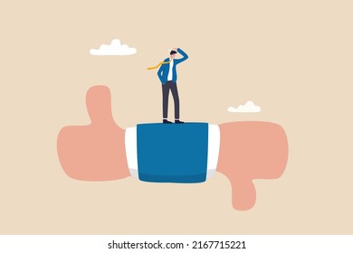 Performance Evaluation, Customer Feedback Or Business Decision Making, Customer Satisfaction, Opinion Or Service Quality Concept, Thoughtful Businessman Thinking On Thumb Up And Thumb Down Feedback.