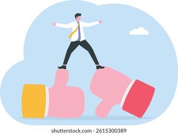 Performance evaluation, customer feedback or business decision making, customer satisfaction, opinion or service quality concept, thoughtful businessman thinking on thumb up and thumb down feedback.

