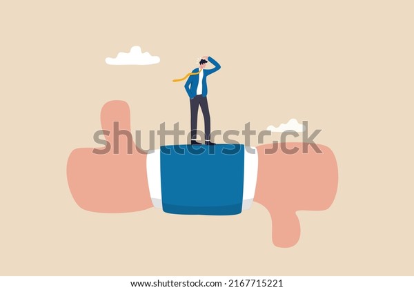 Performance evaluation, customer feedback or\
business decision making, customer satisfaction, opinion or service\
quality concept, thoughtful businessman thinking on thumb up and\
thumb down\
feedback.