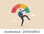 Performance evaluation, employee rating assessment, appraisal review or high potential employee, staff achievement, excellent job candidate concept, happy businessman on high performance gauge.