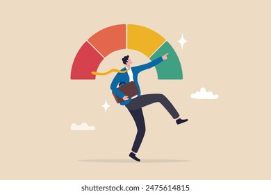 Performance evaluation, employee rating assessment, appraisal review or high potential employee, staff achievement, excellent job candidate concept, happy businessman on high performance gauge.