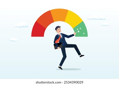 Performance evaluation, employee rating assessment, appraisal review or high potential employee, staff achievement, excellent job candidate concept, happy businessman on high performance gauge