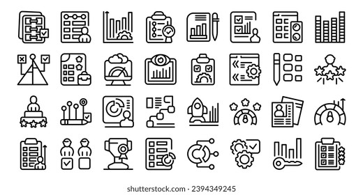 Los iconos de evaluación de rendimiento establecen el vector de esquema. El negocio del marketing. Práctica de resultados de prueba