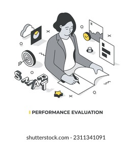 Performance Evaluation. Isometric linear illustration of a woman taking notes surrounded by graphs that showcase the results of achieving SMART goals. This concept relates to marketing analysis