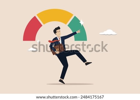 Performance evaluation, staff achievement, employee assessment, excellent job candidate concept, happy businessman on high performance gauge.