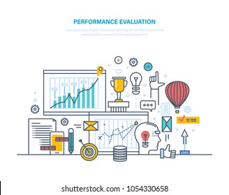 Performance evaluation working, quality control, performance productive, analysis of results, planning, approach of job, achievment success business, growth of teamwork. Illustration thin line design.