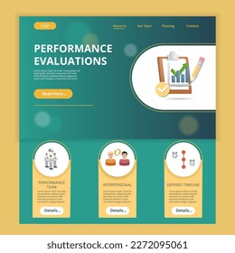 Performance evaluations flat landing page website template. Performance team, interpersonal, defined timeline. Web banner with header, content and footer. Vector illustration.