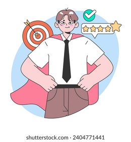 Performance excellence concept. Confident man with superhero cape, hitting the bullseye and receiving a five-star review, signifying top-notch achievement and success. Flat vector illustration.