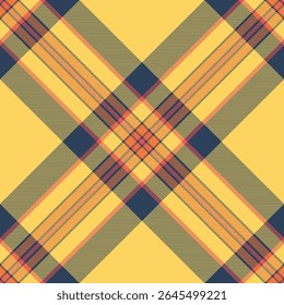 Performance fabric texture seamless, royalty pattern check tartan. Sparse background textile vector plaid in amber and blue colors palette.