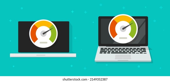 Performance Fast Speed Test Meter On Computer Pc Vector Icon Or Laptop Broadband Bandwidth Load Connection Optimization Traffic Speedometer Flat Cartoon, Download Or Web Server High Boost Process