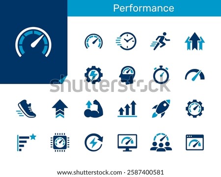 Performance flat icon collection for speed, productivity, energy and growth concept