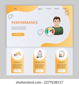 Performance flat landing page website template. Positivity, company ethics, genuinity. Web banner with header, content and footer. Vector illustration.