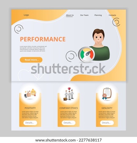 Performance flat landing page website template. Positivity, company ethics, genuinity. Web banner with header, content and footer. Vector illustration.