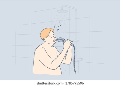 Performance, fun, music, obesity concept. Young fat obese thick man guy cartoon character standing naked in bathroom singing songs with shower head. Funny leisure recreation and carefree lifestyle.