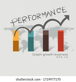 Performance graph business on the world map. Business development to success and growing growth concept. Business growth abstract background. Pointing arrow graph corporate future growth plan.