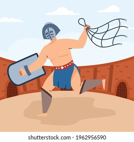Performance of Greek or Roman gladiator armed with shield and net, cartoon vector illustration. Arena with fighting Roman gladiator warrior character in helmet.