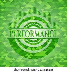 Performance green emblem. Mosaic background