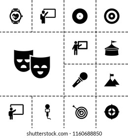 Performance icon. collection of 13 performance filled icons such as target, teacher, circus, microphone, heartbeat watch. editable performance icons for web and mobile.