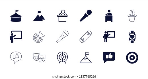 Performance icon. collection of 18 performance filled and outline icons such as teacher, circus, flag on mountain, thumb up. editable performance icons for web and mobile.
