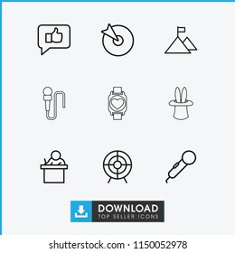 Performance icon. collection of 9 performance outline icons such as teacher, microphone, target, thumb up, flag on mountain. editable performance icons for web and mobile.